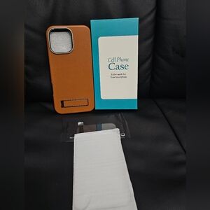 Iphone 16 Pro Max brown faux leather case W/ Screen Protector